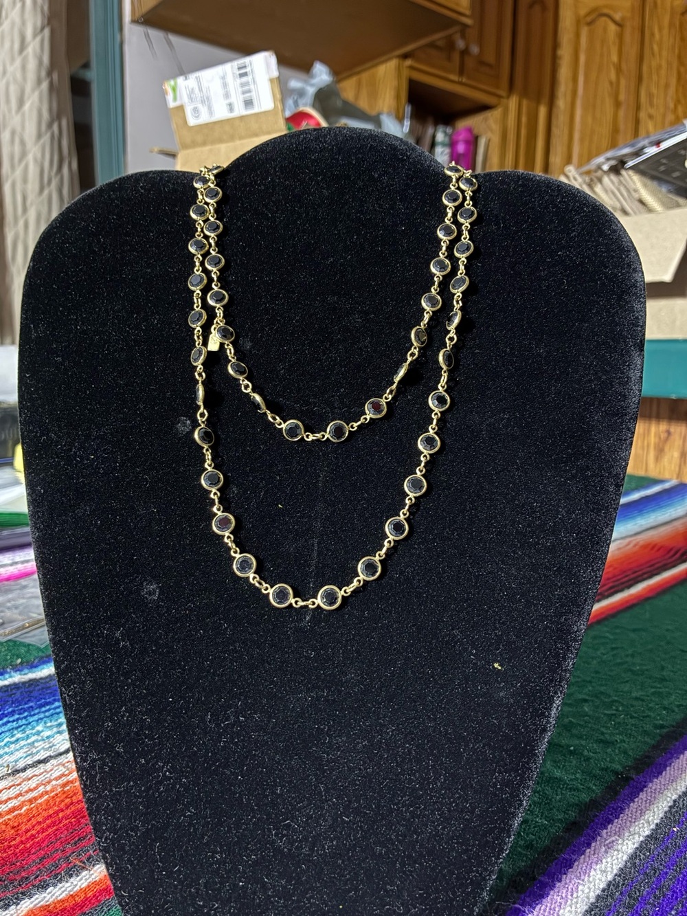 Vintage Swarovski Black Crystal Gold Tone Station Necklace Swan Signed